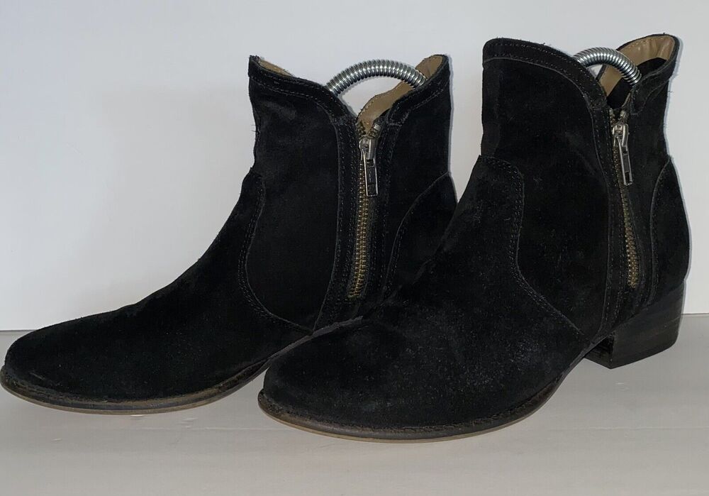 Black Double Zip Seychelles Suede Sz 6 Low Stack Heel Bootie Boho Casual